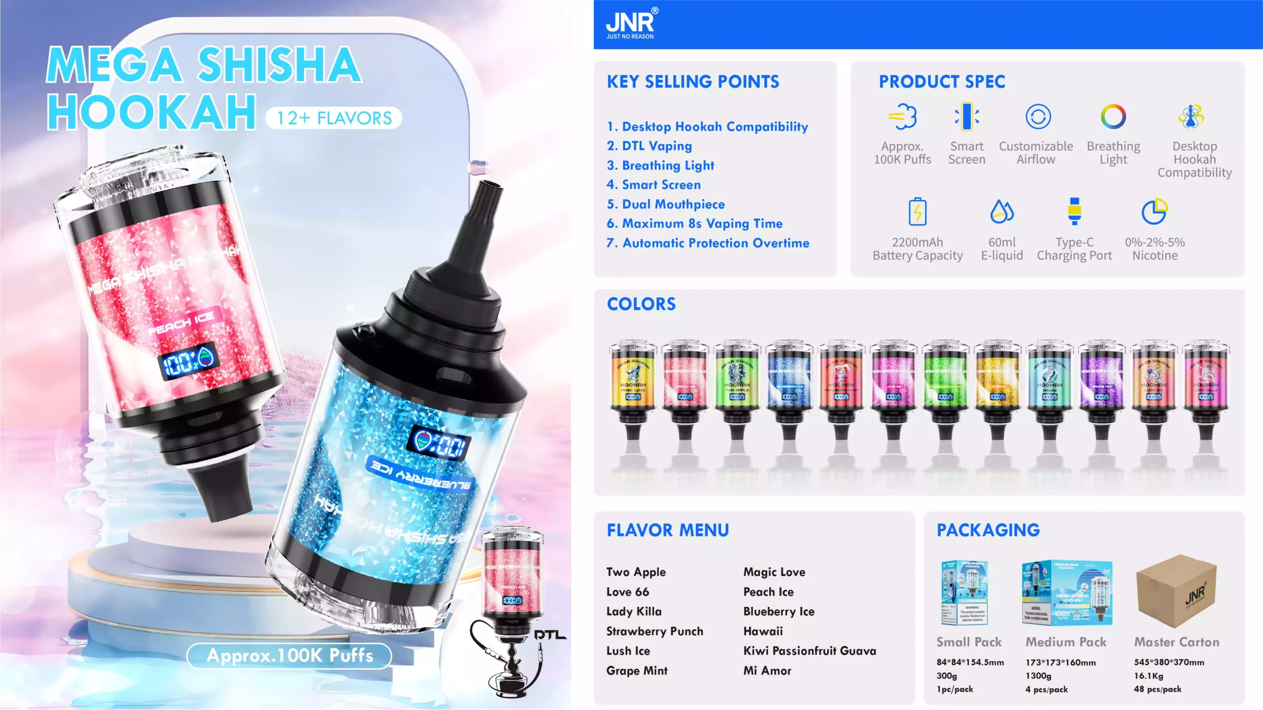 Jnr Mega Shisha Hookah 100K Puffs Disposable Vapes Electric Cigarette
